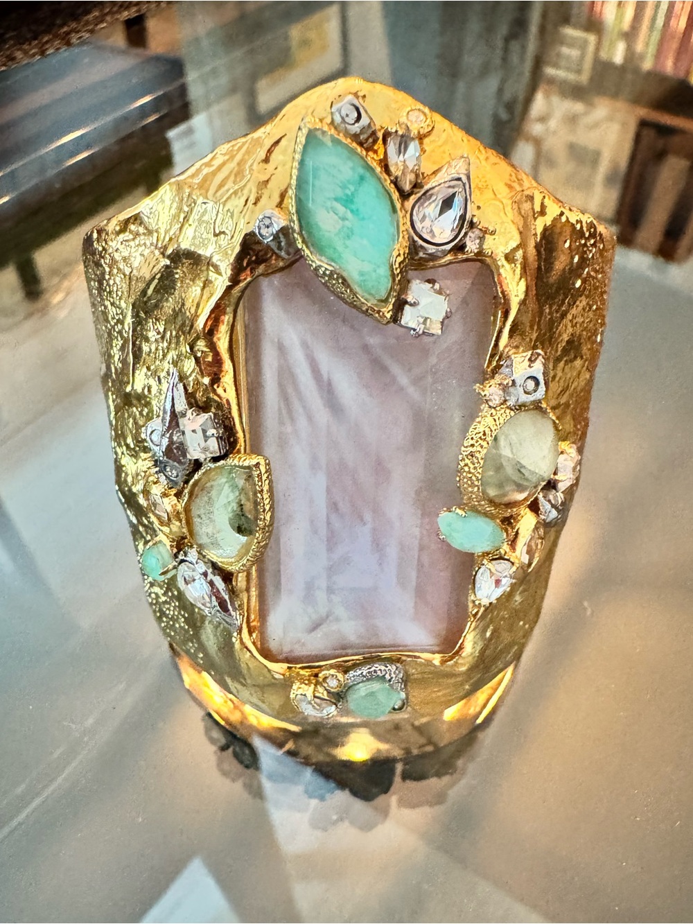 Gold Hammered Lavender Turquoise Gemstone Statement Cuff Bracelet